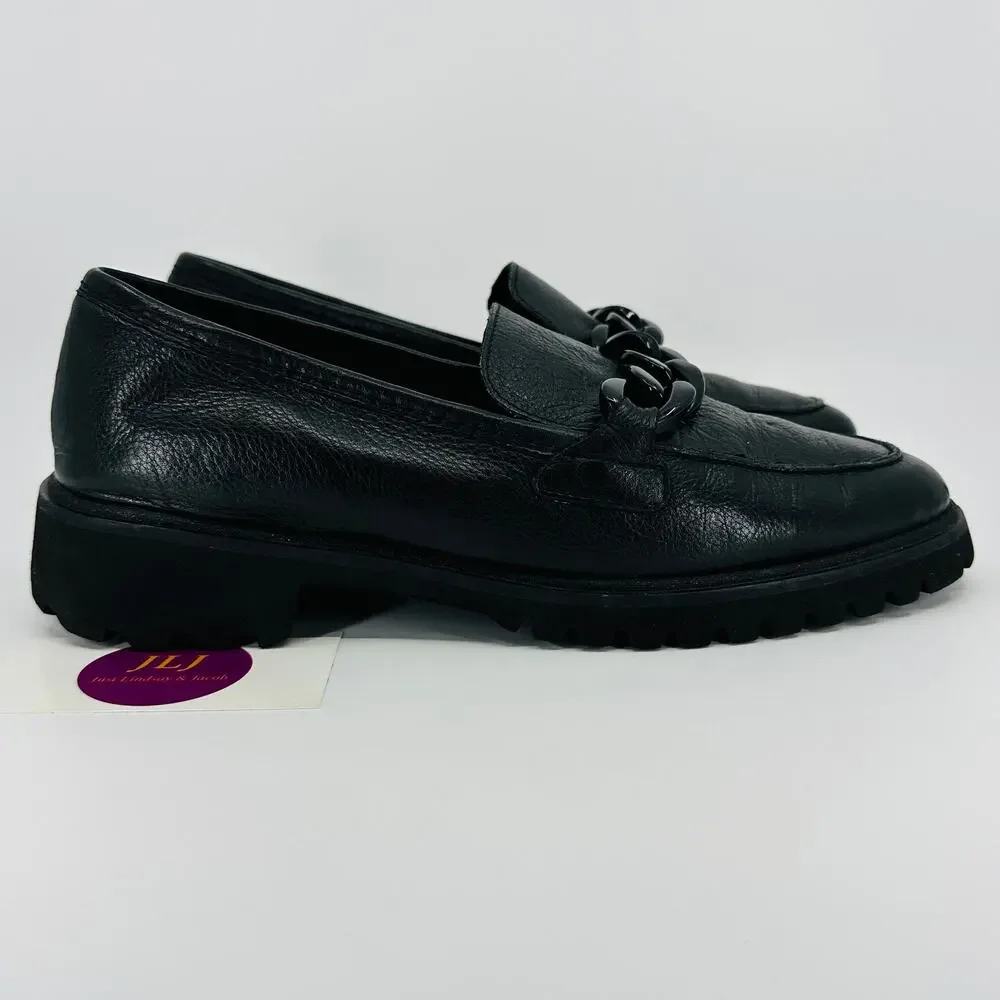 ARA Shoes Women's Kiana Black Pebbled Leather Chain Lug Sole Loafers Size 7.5